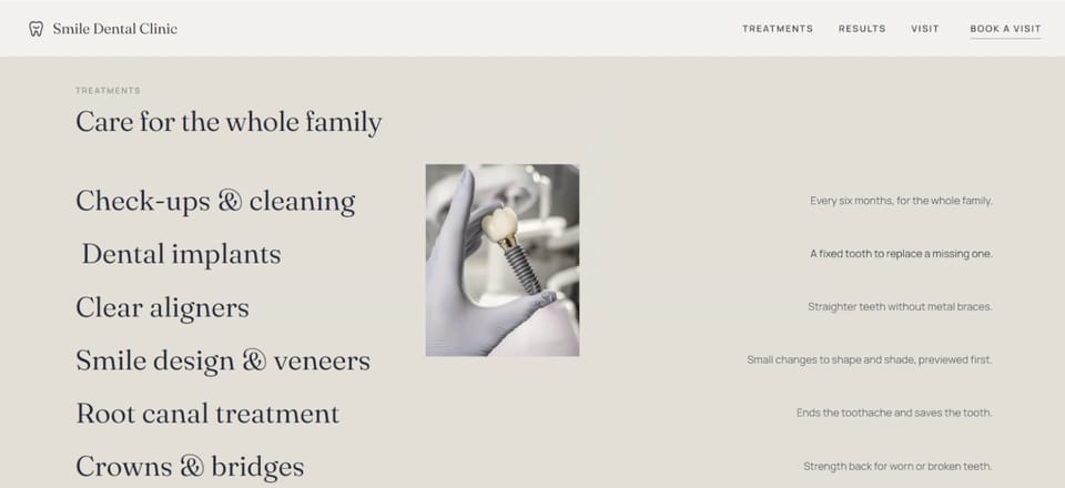 The treatments page of the Smile Dental demo site, listing six treatments with a short line for each.