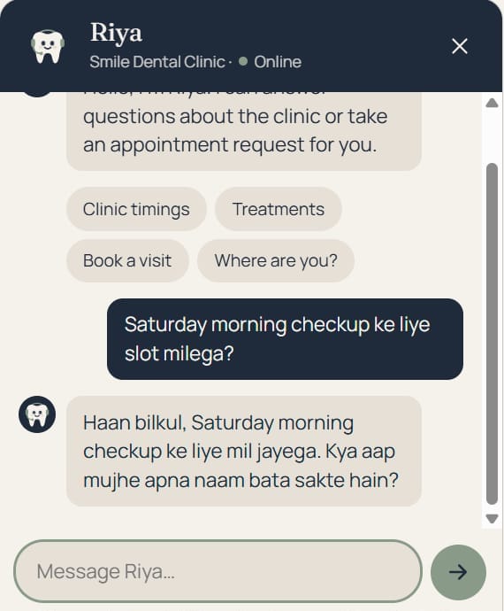 Riya's chat window on the demo site. A patient asks in Hinglish for a Saturday morning checkup slot; Riya says yes and asks for their name.